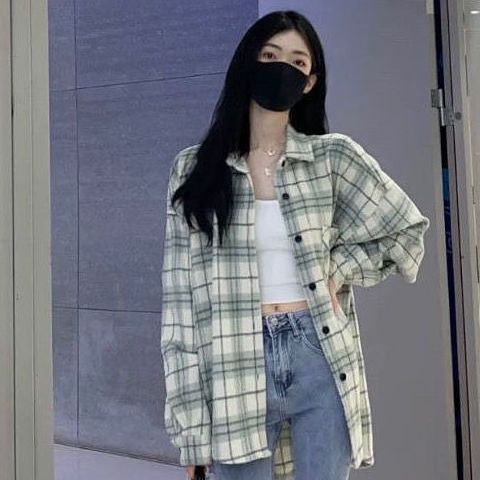 薄荷奶綠格子襯衫外套女2022年春秋新款寬鬆顯瘦百搭長袖學生襯衣