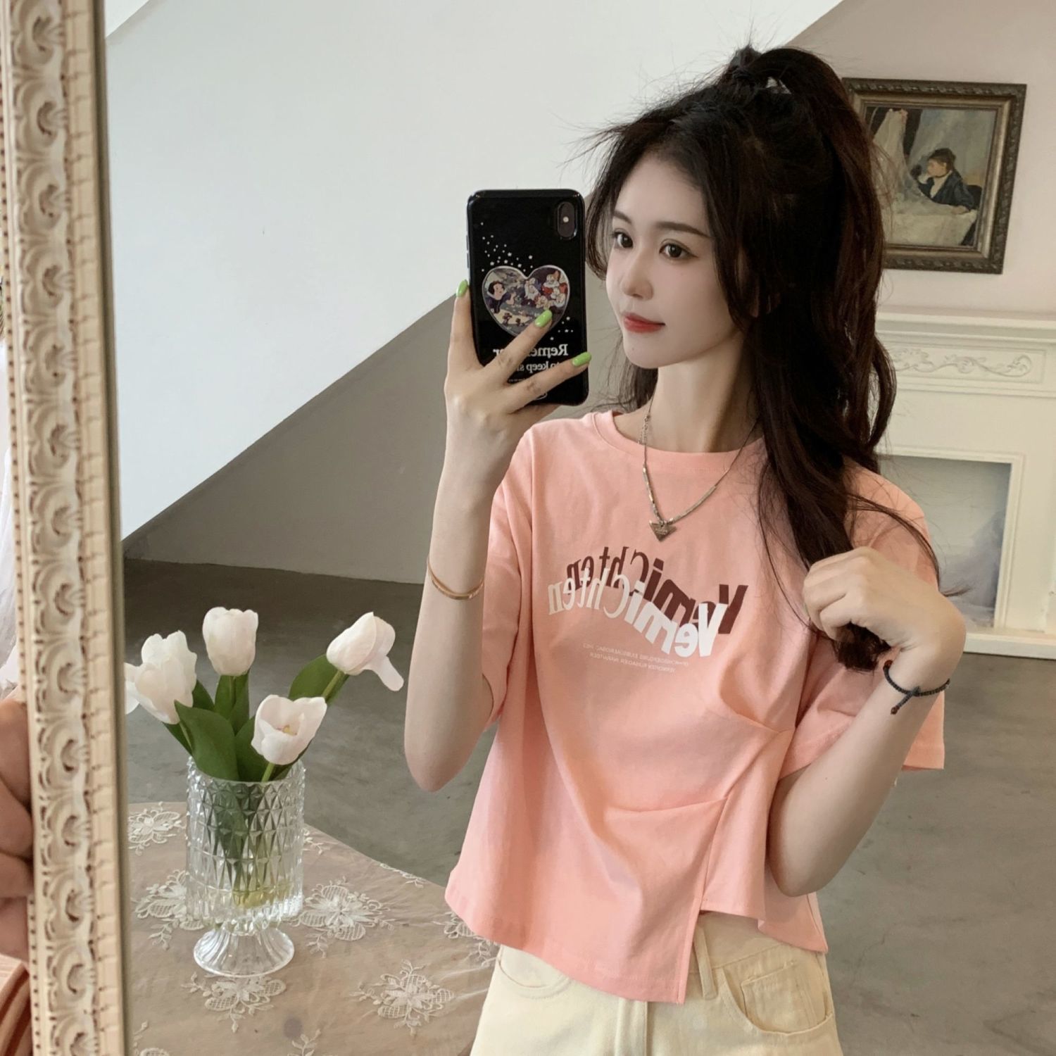 Irregular short sleeve T-shirt female spring and summer Korean version of 2022 new letter printing sweet spicy white T-shirt jacket ins