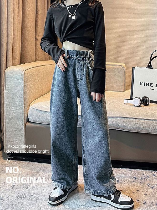 Girls' jeans autumn wide-leg pants loose all-match trousers middle-aged and older children's fashionable casual straight-leg pants Korean pants