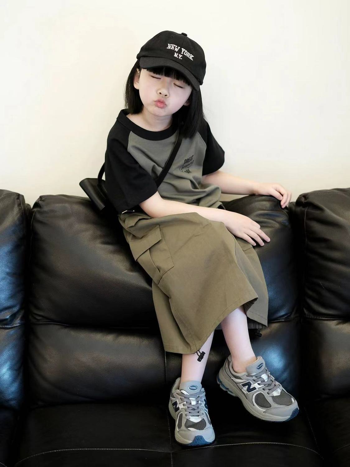Korean girls' summer color-blocking T-shirt + skirt suit in the big Tongshan series short-sleeved tooling skirt trendy children's clothing
