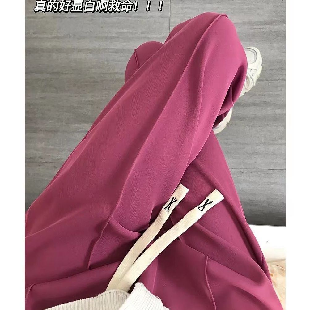 2022夏季新款玫紅色褲子小個子高腰百搭休閒褲垂感直筒開叉褲女潮