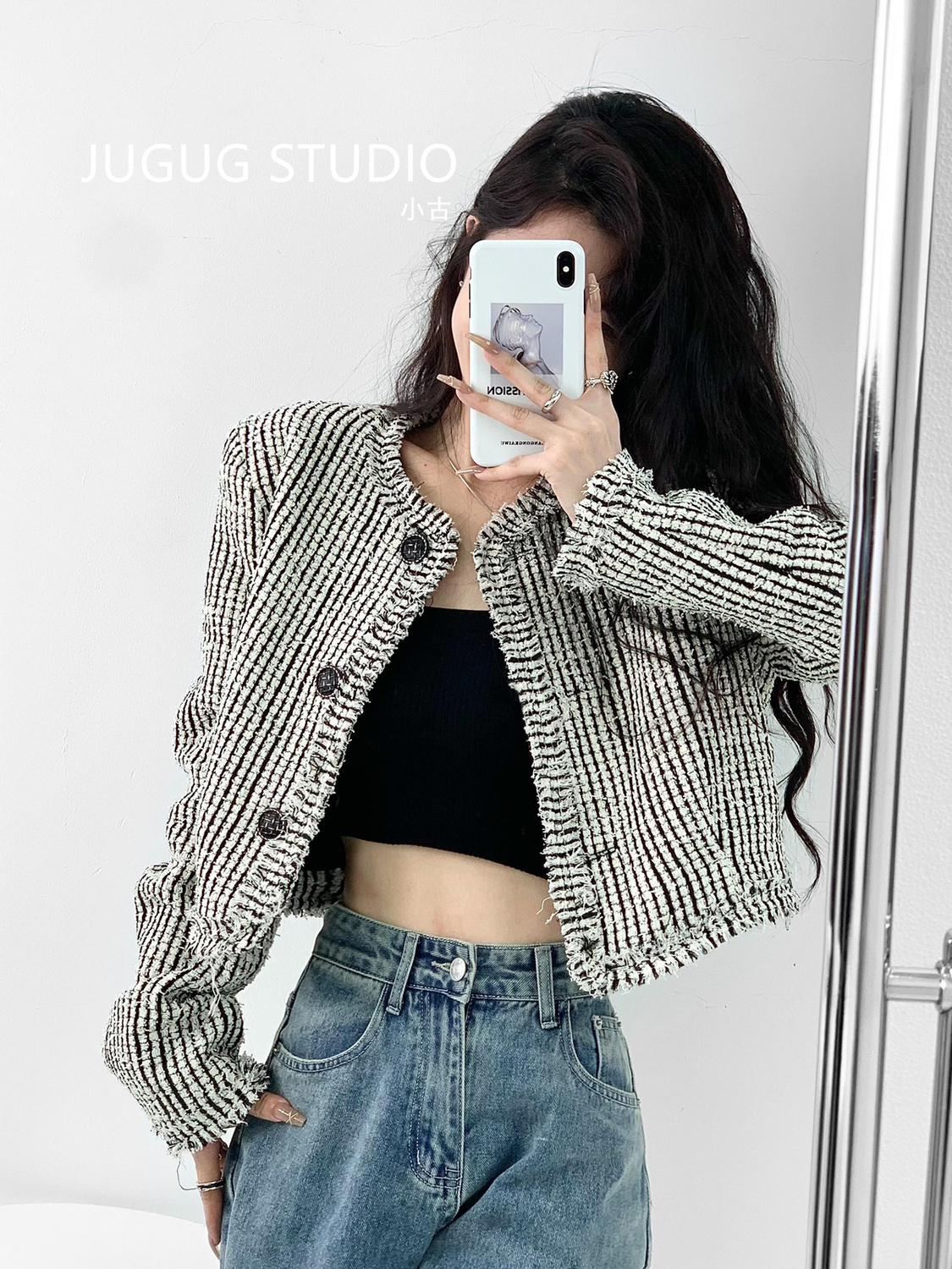 JUGUG black small fragrant wind jacket female 2023 spring new French niche high-end temperament short top