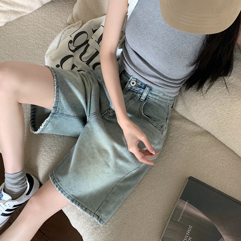 Retro washed jeans women's summer high-waisted loose straight wide-leg shorts slim blue mid-length pants