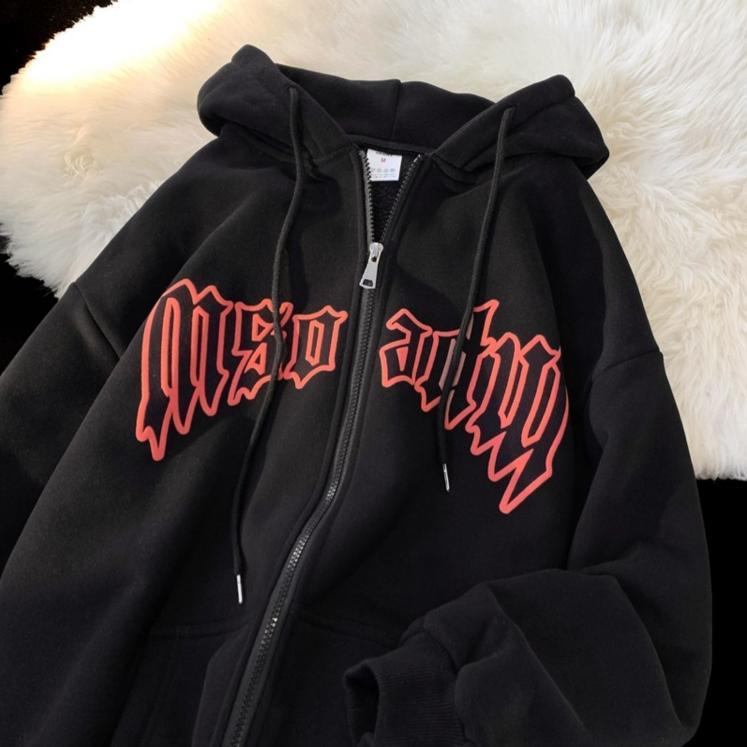 100%不起球男女童美式字母印花開衫衛衣hiphop復古連帽拉鏈外套潮