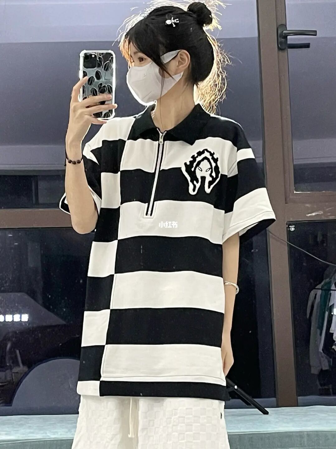 美式街頭拼接錯位條紋polo衫女寬鬆小眾潮牌情侶復古翻領短袖T恤
