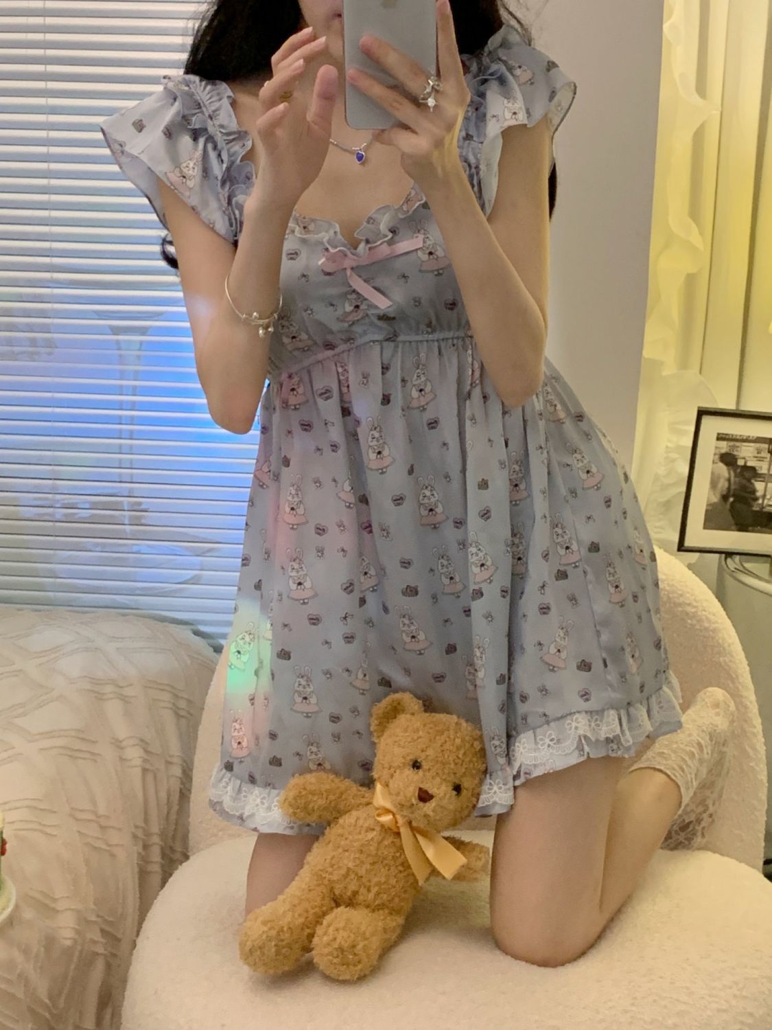Summer girl suspender nightdress Japanese cute bunny print sleeveless pajamas sweet princess style comfortable home service