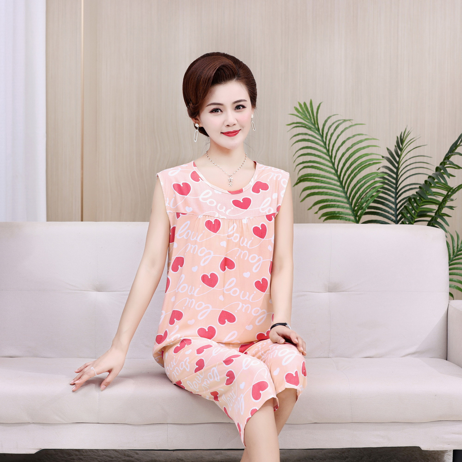 Middle-aged and elderly summer pajamas women's mother's cotton silk suit summer sleeveless home service artificial cotton two-piece set for women