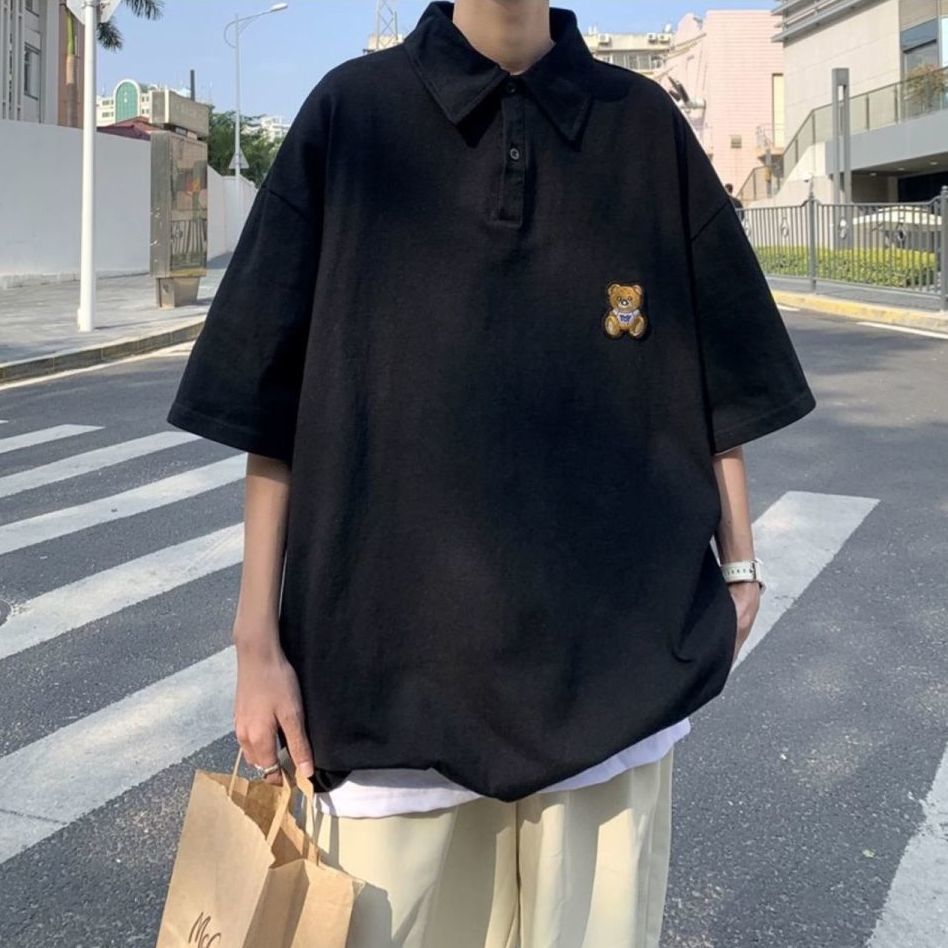 Sanji Cardin 100% cotton POLO shirt short-sleeved T-shirt men's summer loose five-quarter sleeves ins Hong Kong style lapel top