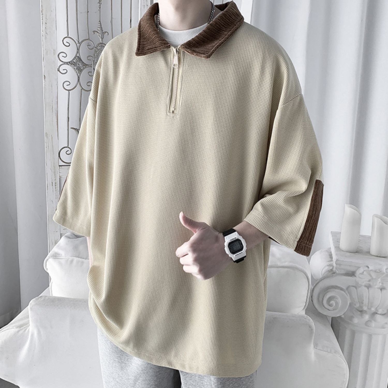 Heavy waffle polo shirt t-shirt men's trendy brand splicing half zipper short-sleeved sweater shirt collar three-quarter sleeve top