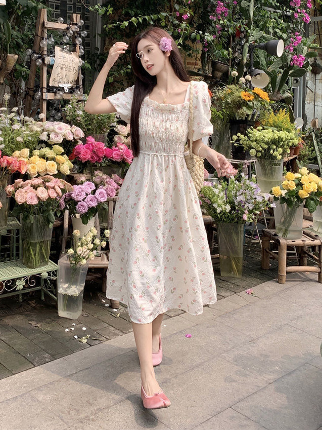 French sweet college style waist floral dress female students Korean version slimming and age-reducing mid-length A-line skirt