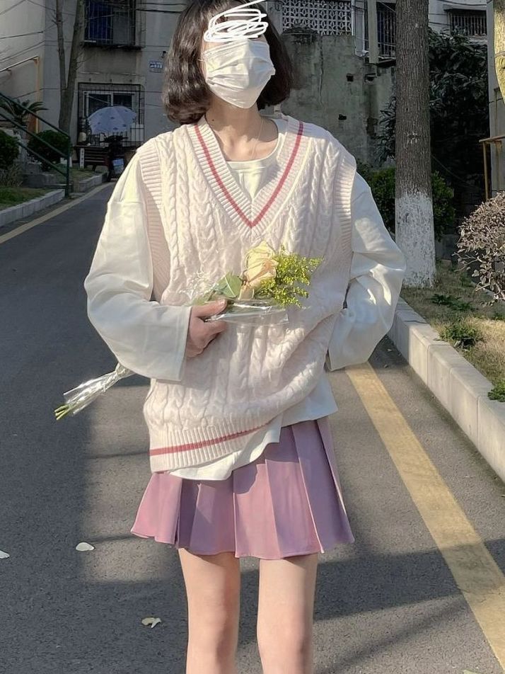 三件套裝新款春秋時尚針織毛衣疊穿馬甲背心T恤女粉色百褶裙子潮