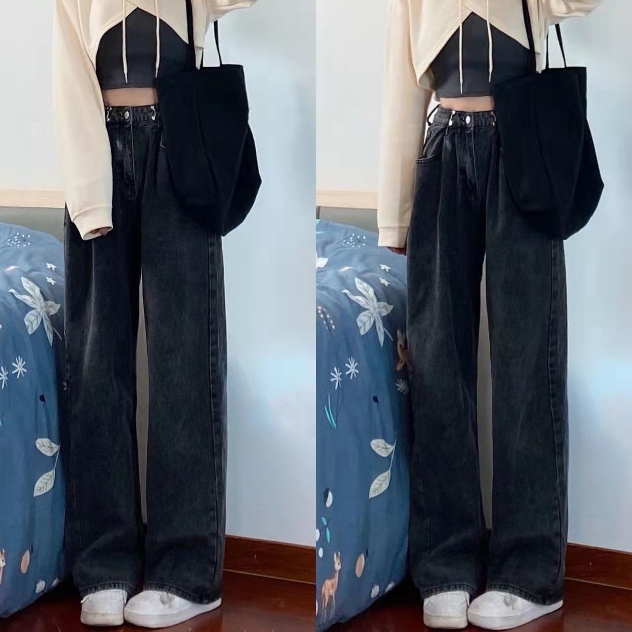 黑灰色闊腿牛仔褲女秋季2022年新款寬鬆高腰直筒設計感褲子潮ins
