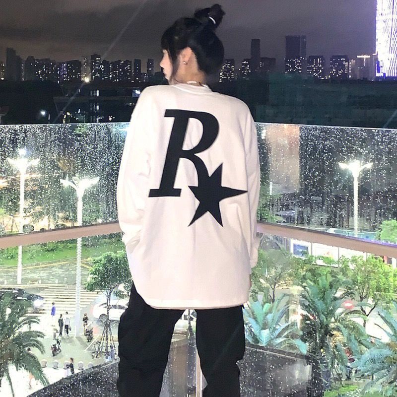 100%純棉國潮牌美式高街長袖t恤男女春秋復古字母R星寬鬆上衣ins