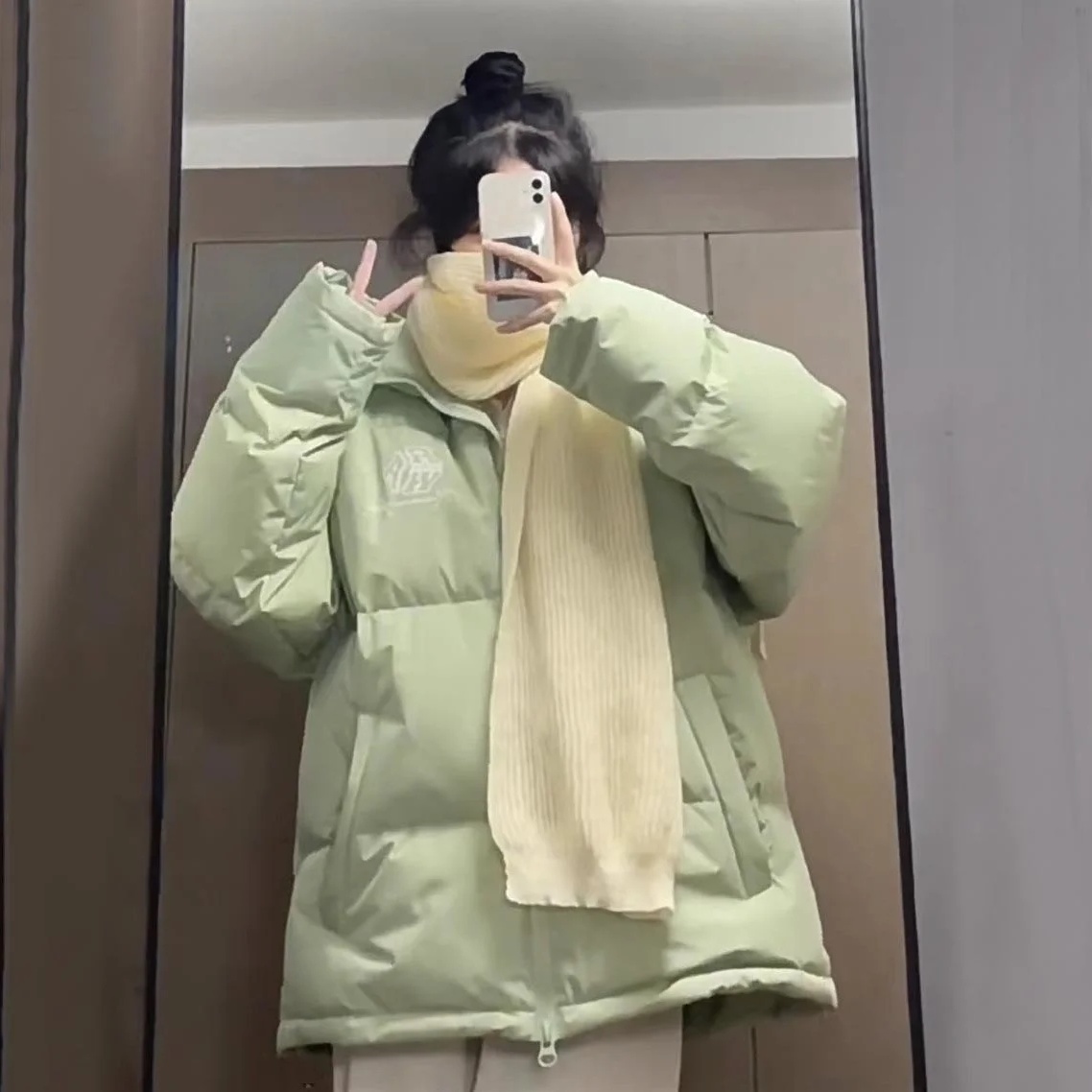 College style outer wear thickened warm light green stand-up collar bread coat western style female student winter ins loose cotton coat