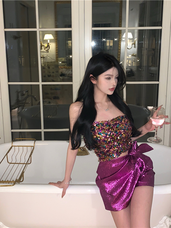法式時尚套裝女夏季性感辣妹亮片抹胸背心高腰蝴蝶結半身裙兩件套