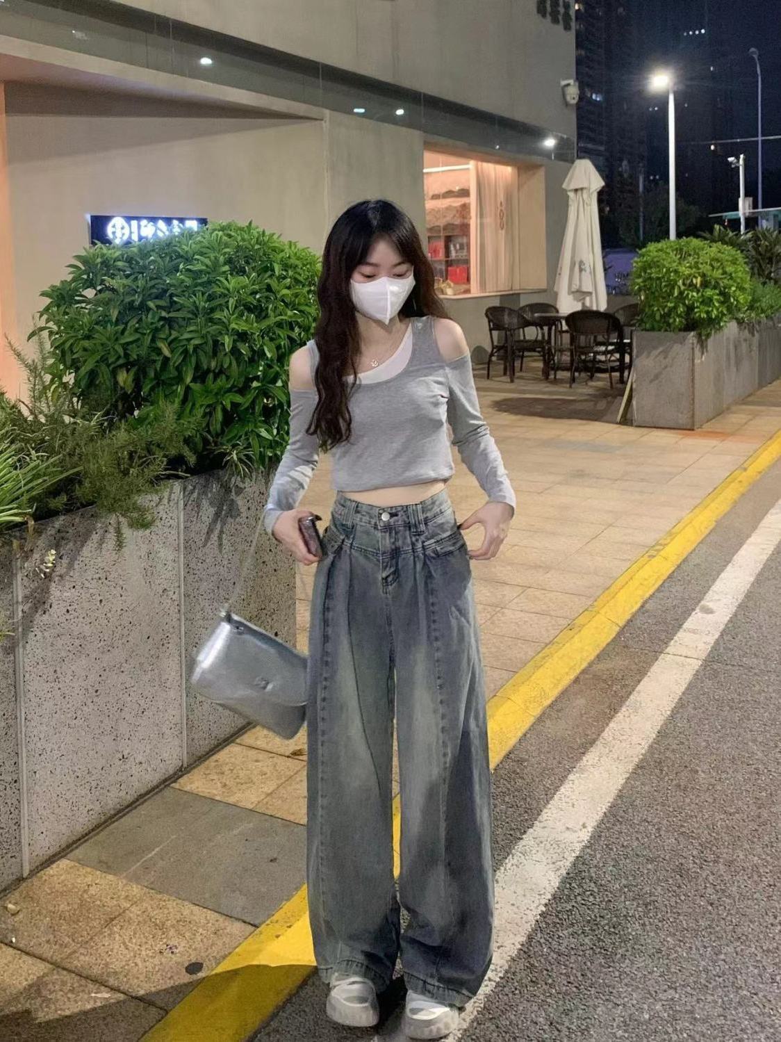 美式辣妹直筒牛仔褲女顯瘦設計感小眾高腰慵懶寬鬆闊腿褲拖地褲潮