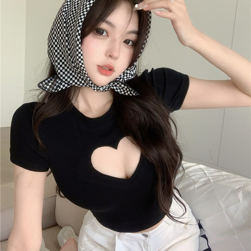 Pure desire style fashion sexy love hollow t-shirt girls summer new small all-match high waist crop top