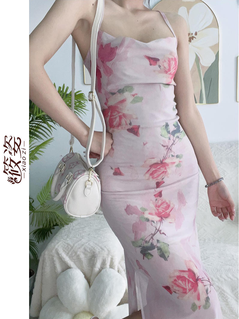 筱姿純欲風顯瘦包臀中長裙碎花吊帶連衣裙女甜辣妹復古開叉裙子