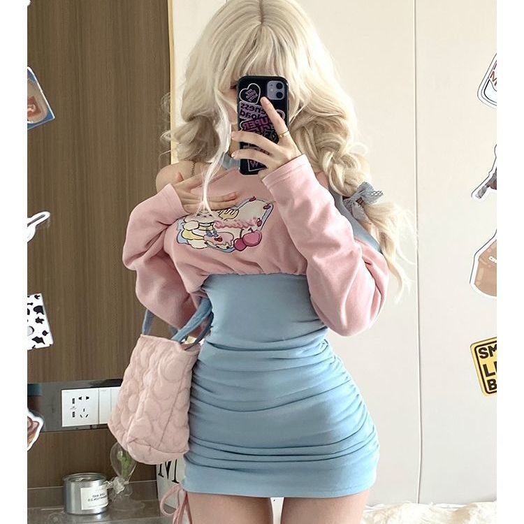 Korean chic powder spelled blue dress yk2 off-the-shoulder pure desire hot girl sweet pleated hip skirt women's autumn