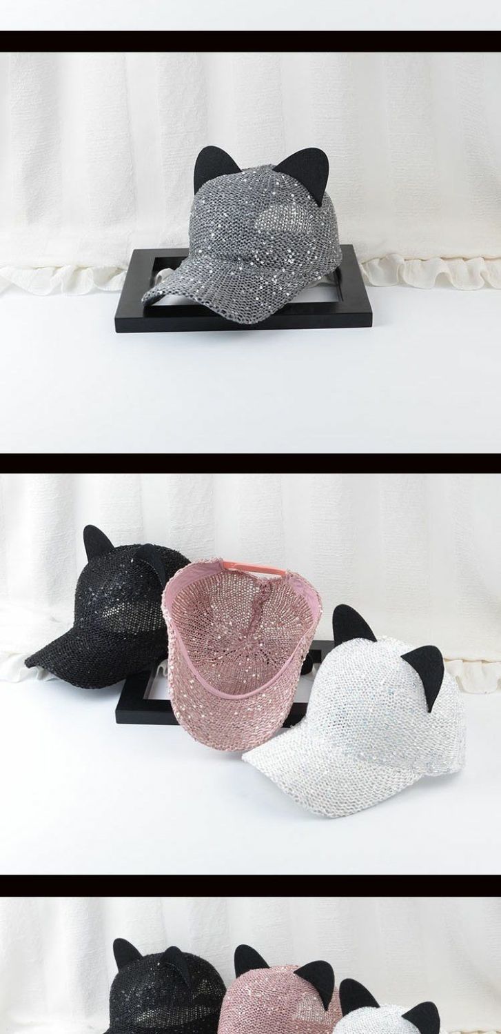 Versione coreana garza traspirante simpatiche orecchie di gatto (pane a forma di orecchio di gatto al vapore) berretto da baseball con paillettes a tesa curva da donna_voghion.com