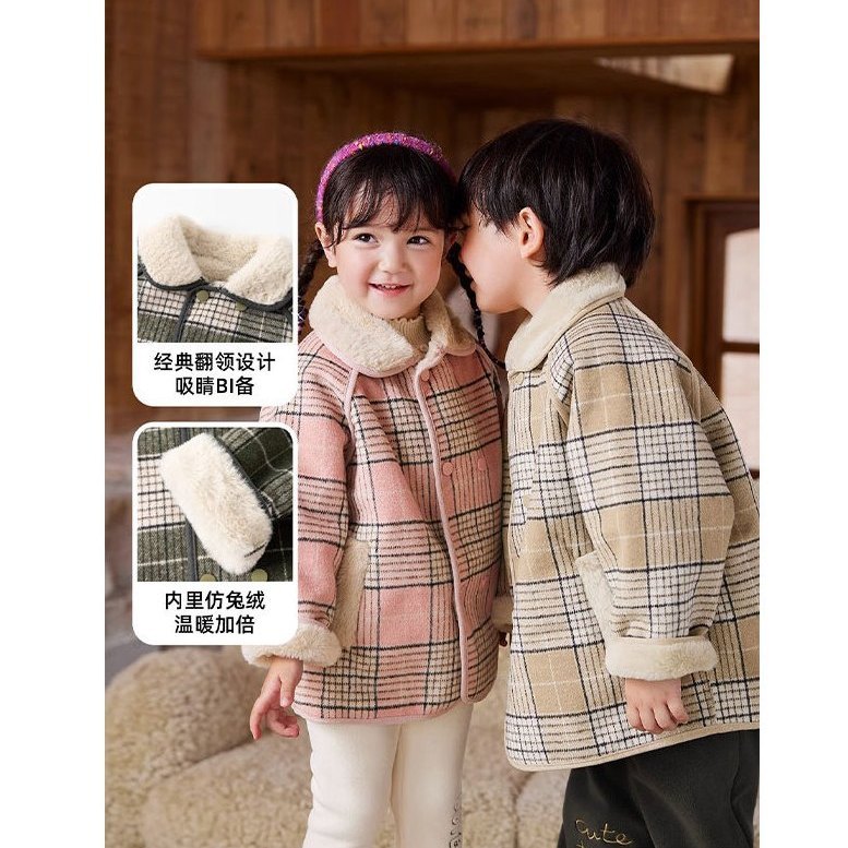 Girls' fashionable plaid jacket, new style, boys' autumn and winter children's Korean style baby velvet motorcycle tops