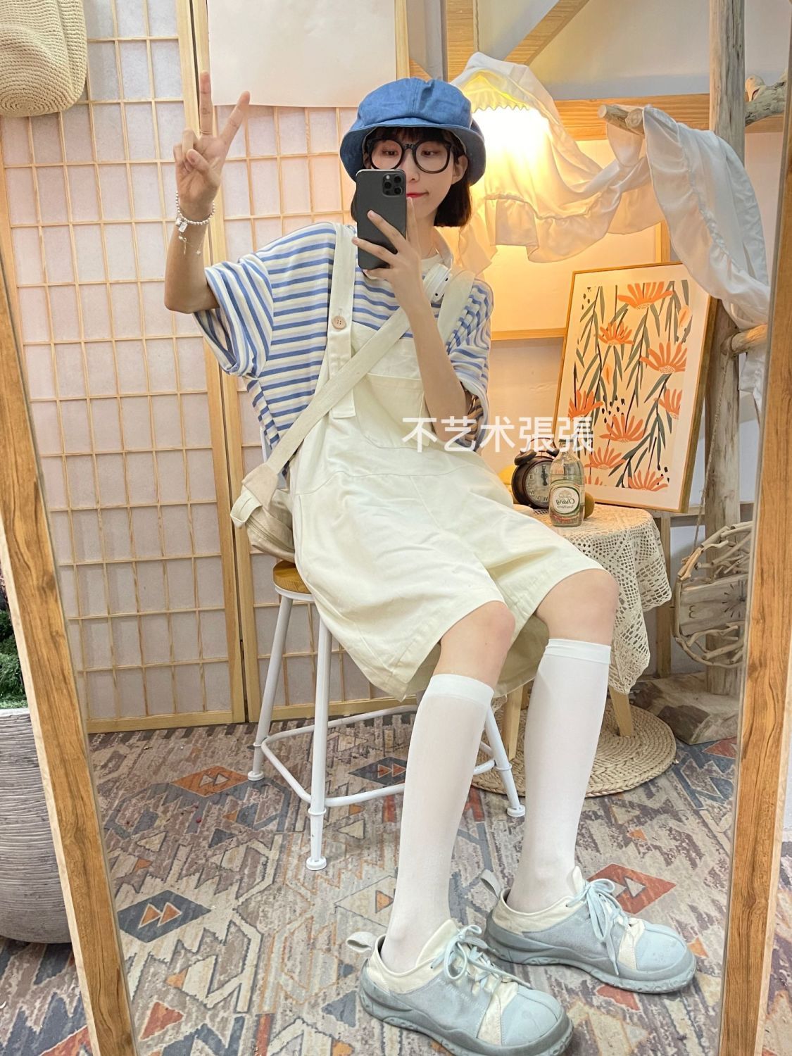 夏季新款女百搭條紋T恤上衣清新寬鬆日系設計感背帶短褲兩件套潮
