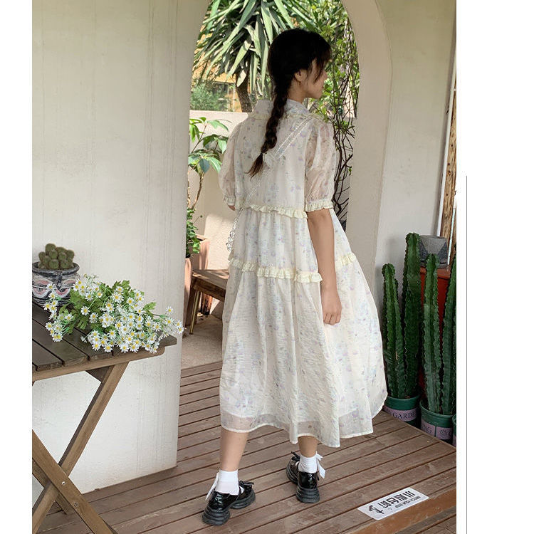 Fresh small flower print dress female summer  new puff sleeve doll collar wood ear stitching floral skirt