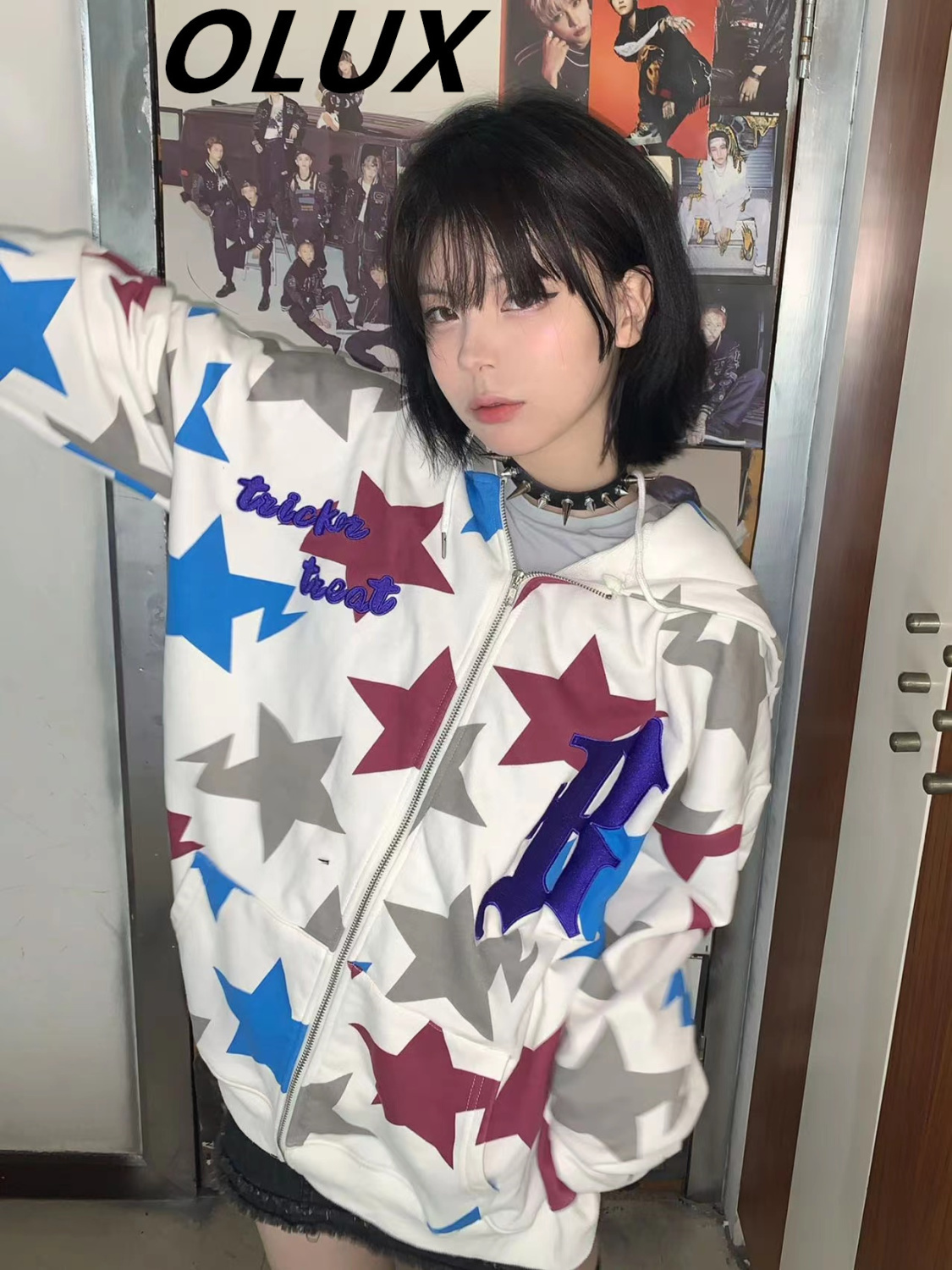 OLUX美式高街hiphop滿印星星衛衣閨蜜裝oversize寬鬆百搭開衫外套
