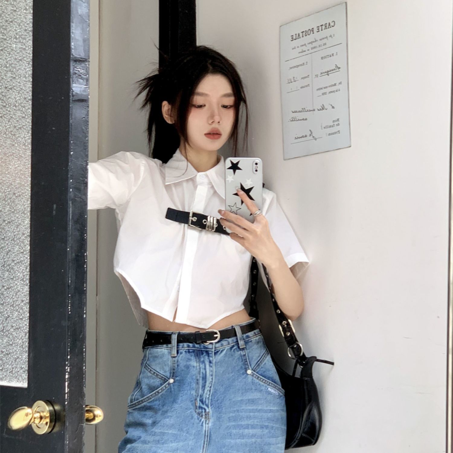 不規則polo領皮扣短袖襯衫女夏季設計感小眾別致白色短款高腰上衣