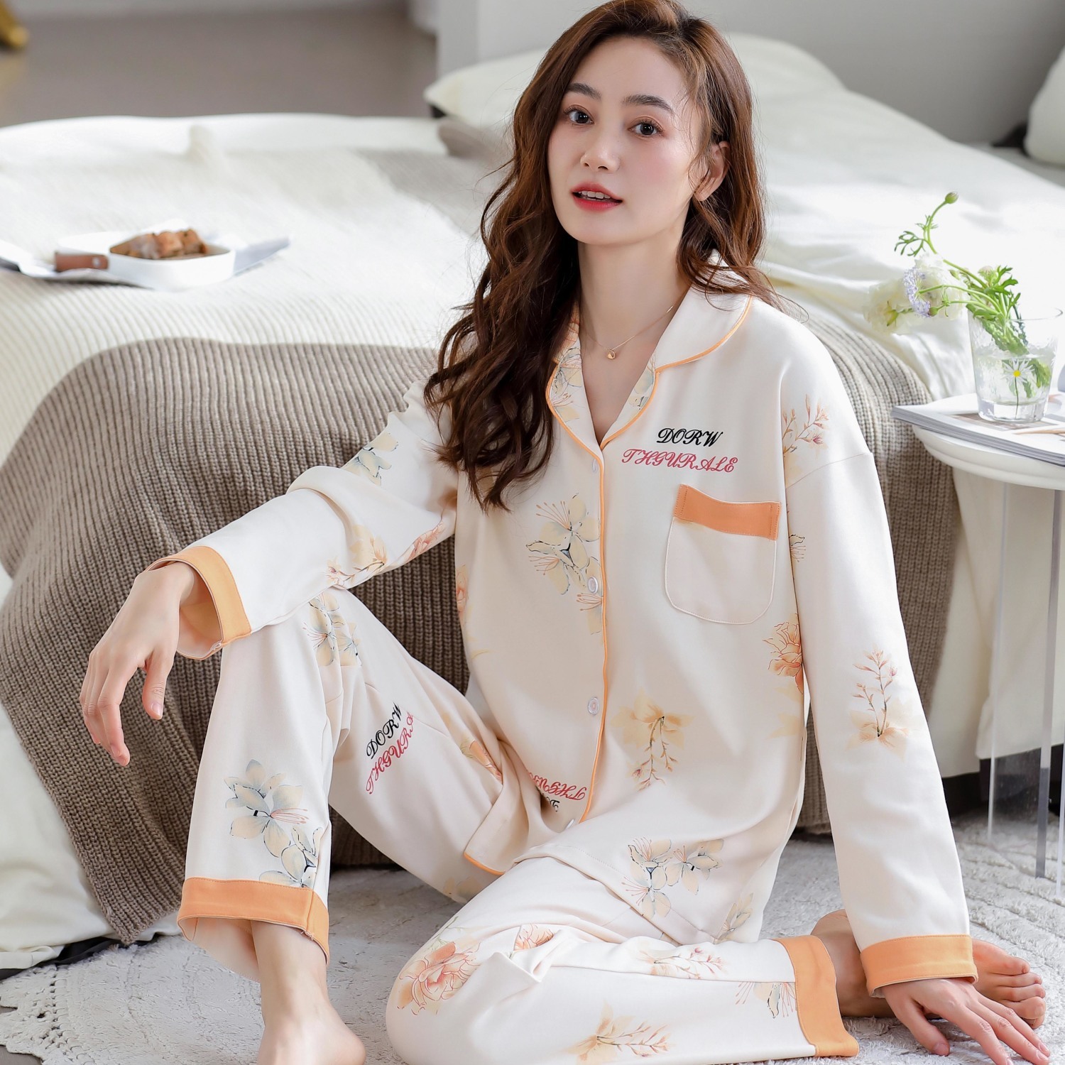 春秋季女士高檔睡衣女純棉長袖休閒開衫媽媽套裝可外穿寬鬆家居服