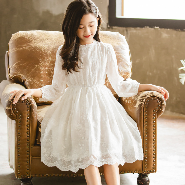 女童連衣裙春秋2022新款中大童白色裙子長袖女孩蕾絲公主裙超洋氣