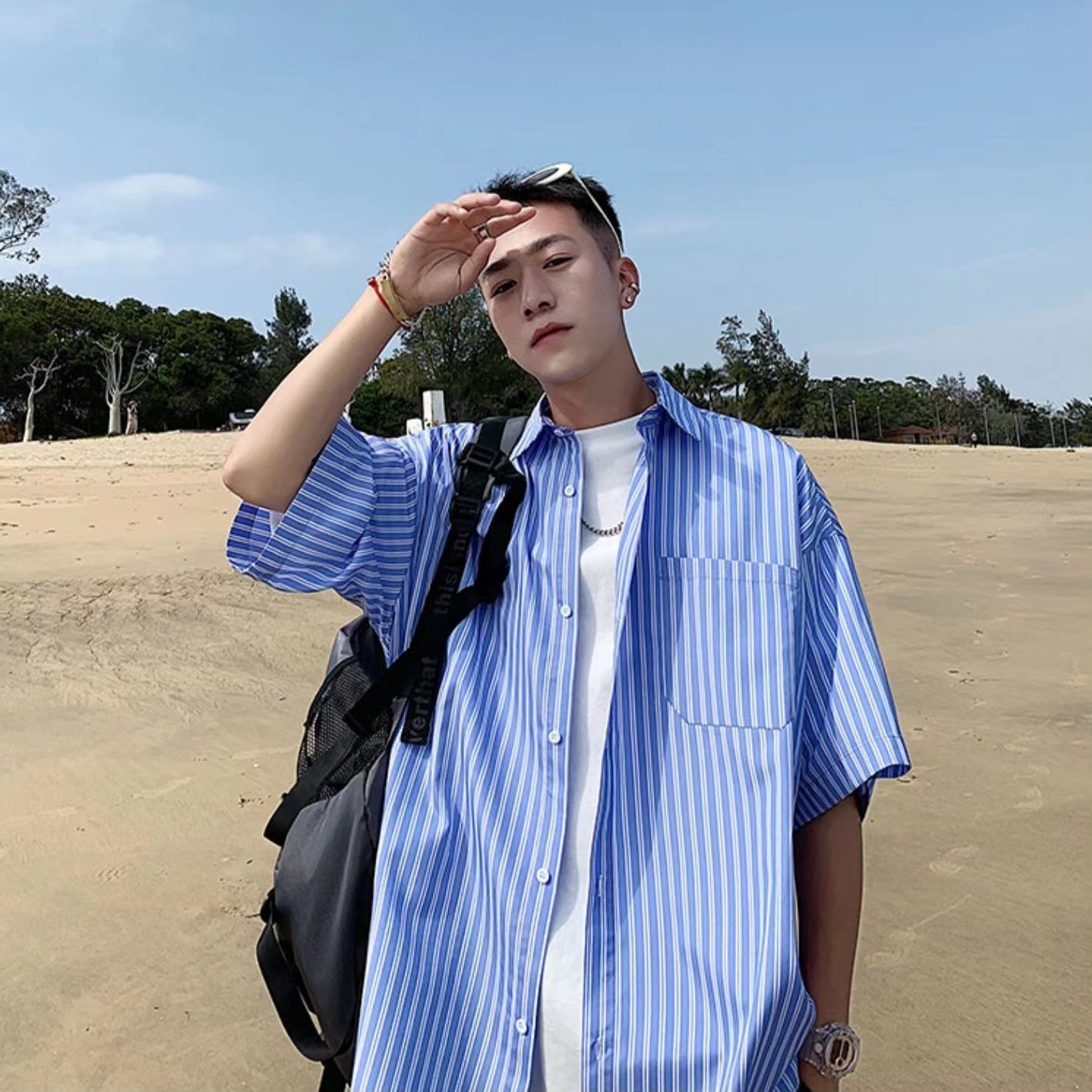 Striped short sleeve shirt men's summer ins ruffian handsome design sense niche shirt Hong Kong Style Japanese trend shirt coat