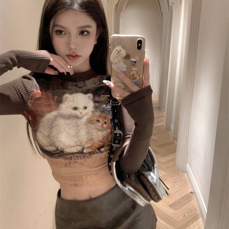 美拉德復古辣妹貓咪印花長袖t恤女裝秋季修身短款拼接打底衫上衣