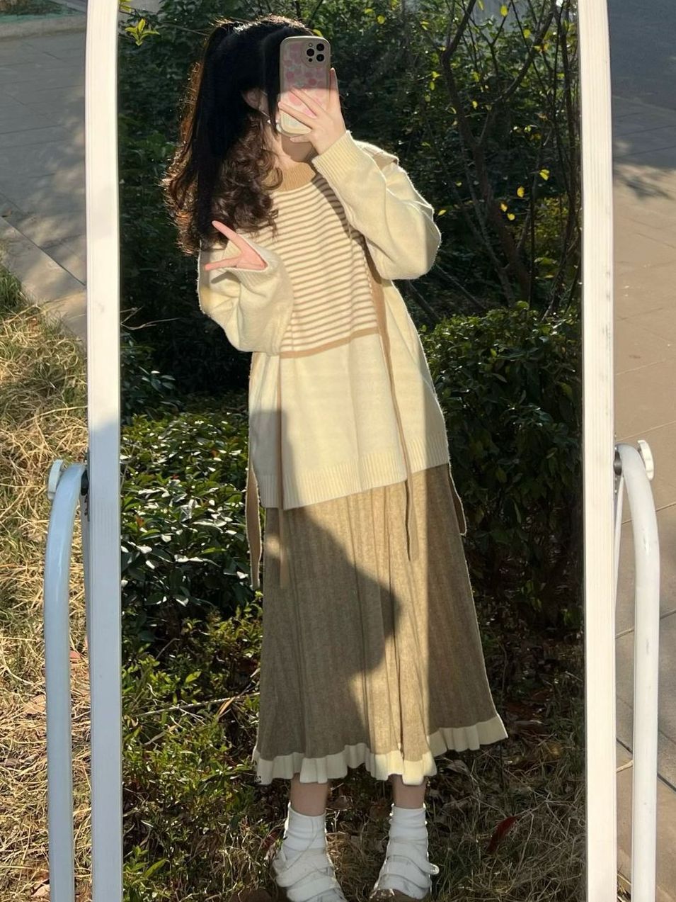 兩件套裝春秋設計感假兩件條紋針織衫毛衣女搭配顯瘦半身裙子chic
