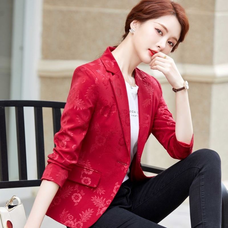 Red printed suit jacket women's spring and autumn  new self-cultivation temperament small short ladies suit jacket