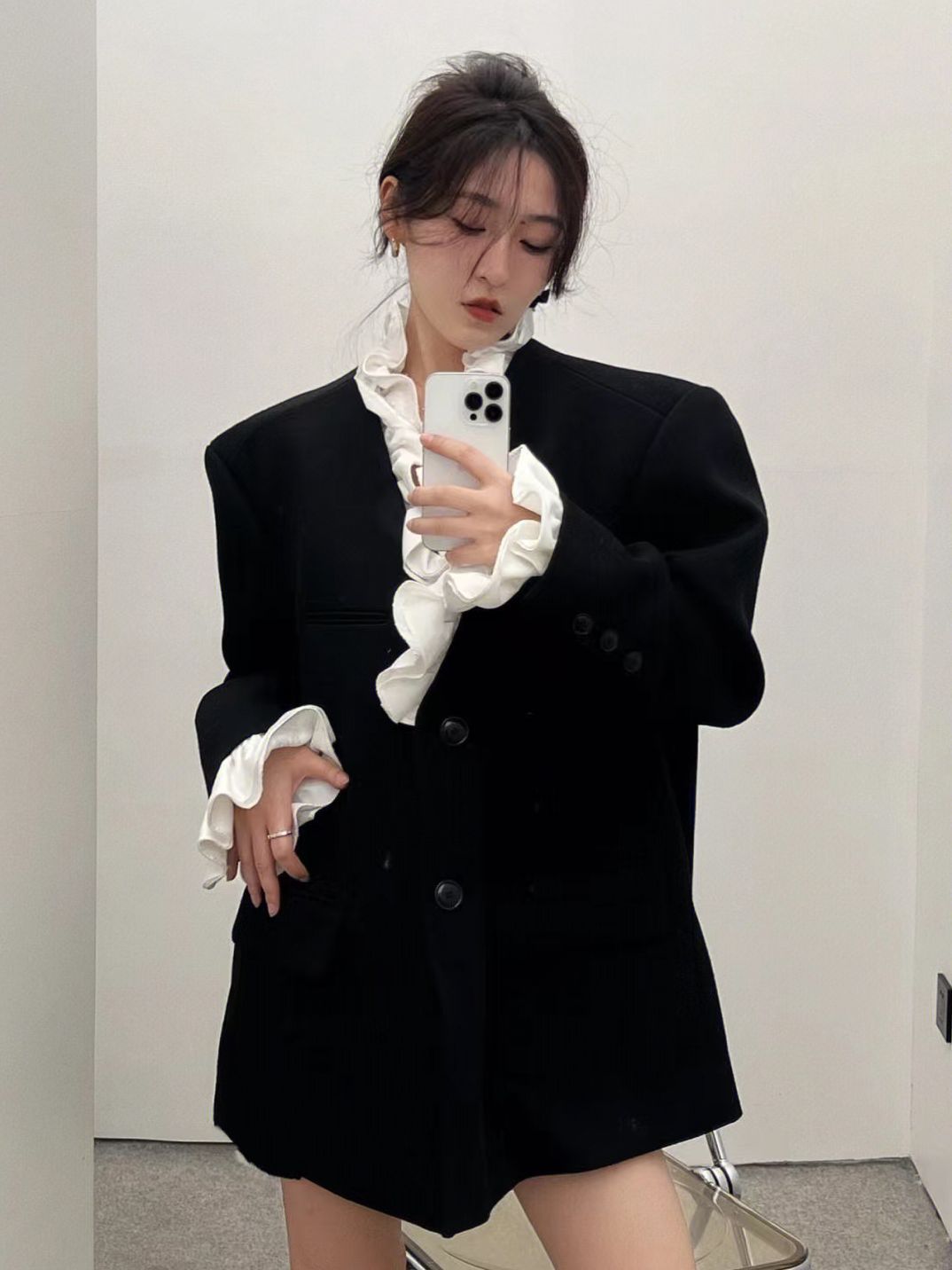 黑色木耳邊西裝外套女秋季新款寬鬆中長款高級感女神范西服上衣潮