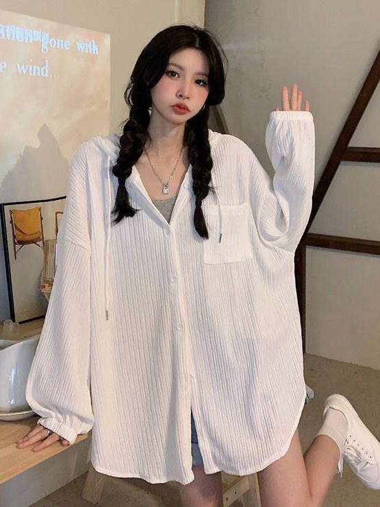 White long-sleeved sun protection clothing women's summer  new all-match mid-length loose cardigan hooded thin coat