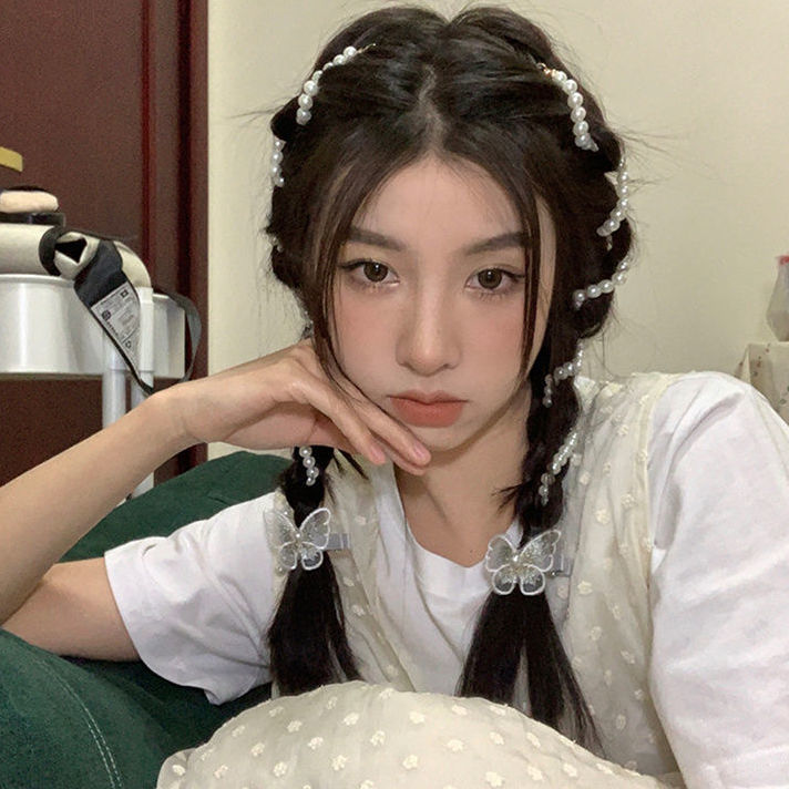 Yang Chaoyue's same style pearl braided hair chain side hair accessories bow hair clip headdress internet celebrity 2021 new style