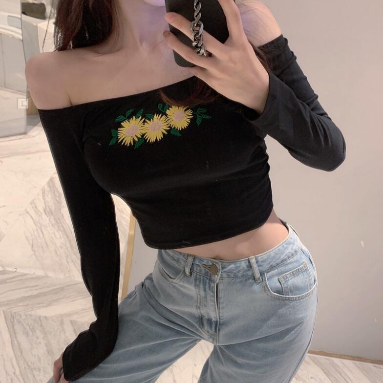 Spring and autumn inner sexy one-shoulder off-shoulder top ladies live broadcast short high waist navel bottoming bottoming T-shirt winter