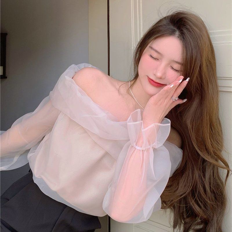 Sweet one-shoulder shirt women's high-end apricot top French niche design mesh long-sleeved shirt