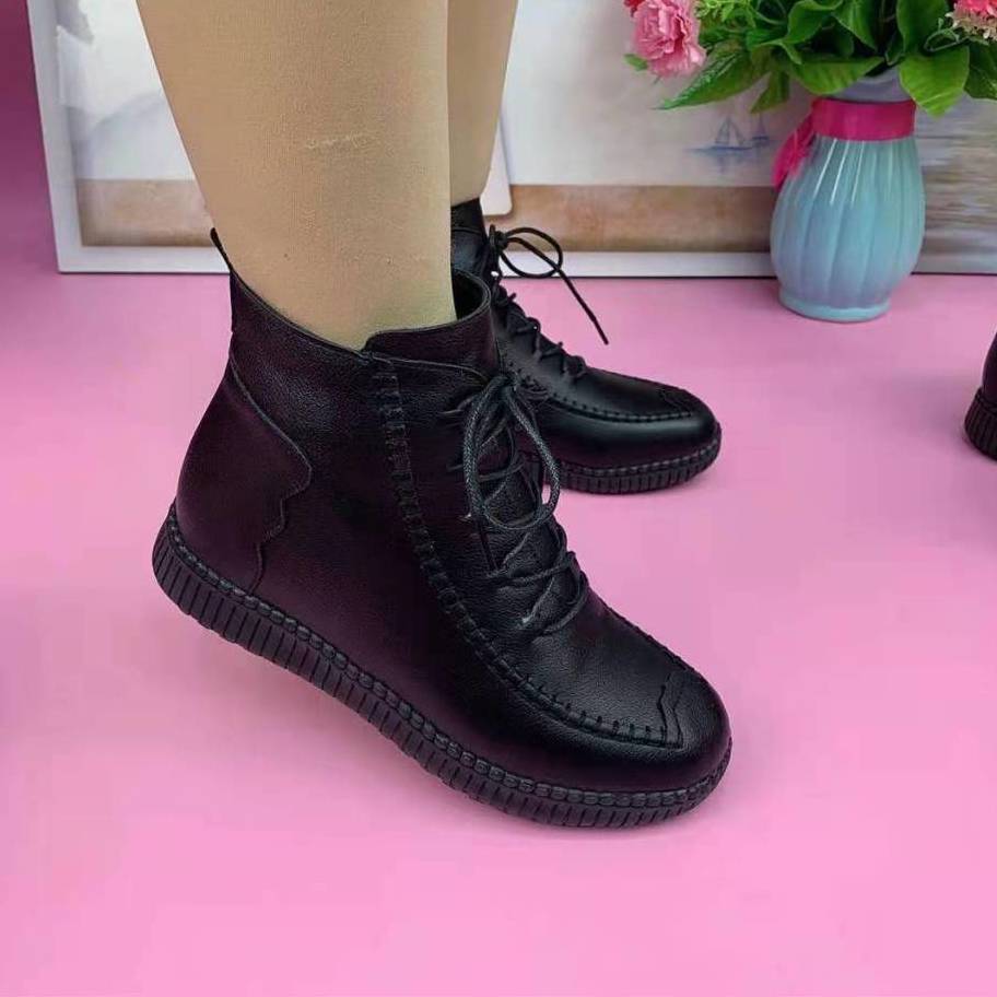 Leather mother shoes plus velvet cotton shoes flat non-slip warm boots side zipper middle-aged all-match leather boots Martin boots