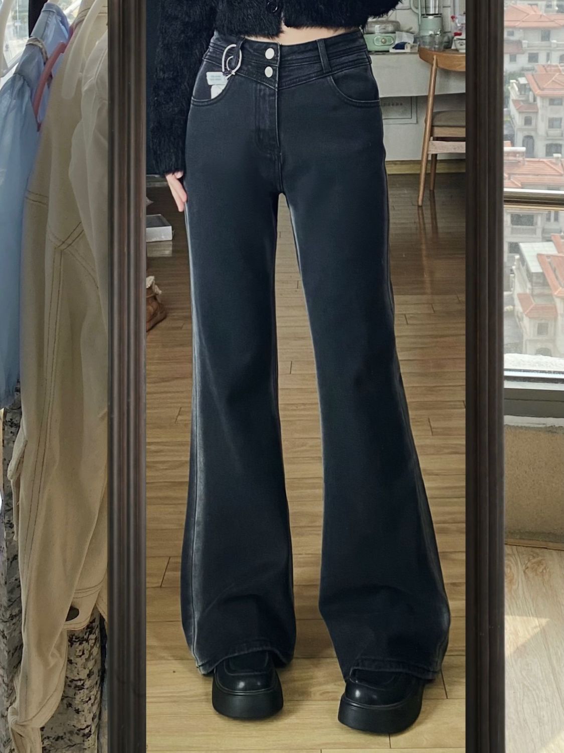 黑色梨形身材顯瘦修身褲子女2023春秋大碼胖mm高腰百搭微喇牛仔褲