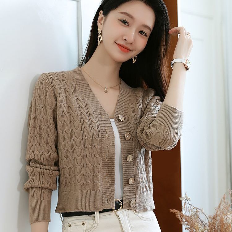 新款麻花毛衣开衫秋冬百搭修身女复古针织外搭上衣短款外套女显瘦
