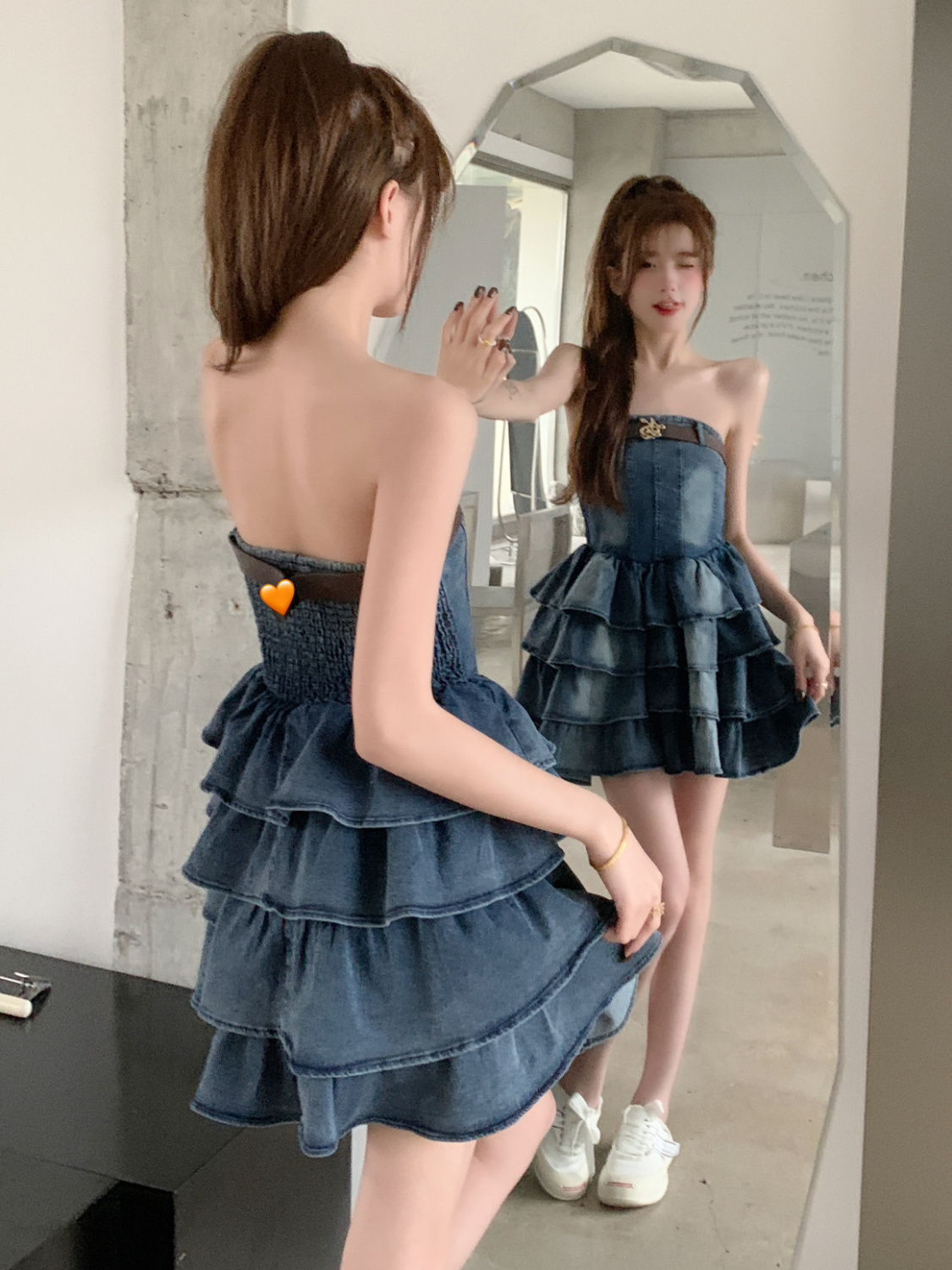 Hot girl sexy tube top denim dress female 2024 new American style high waist slim tight cake skirt tutu skirt