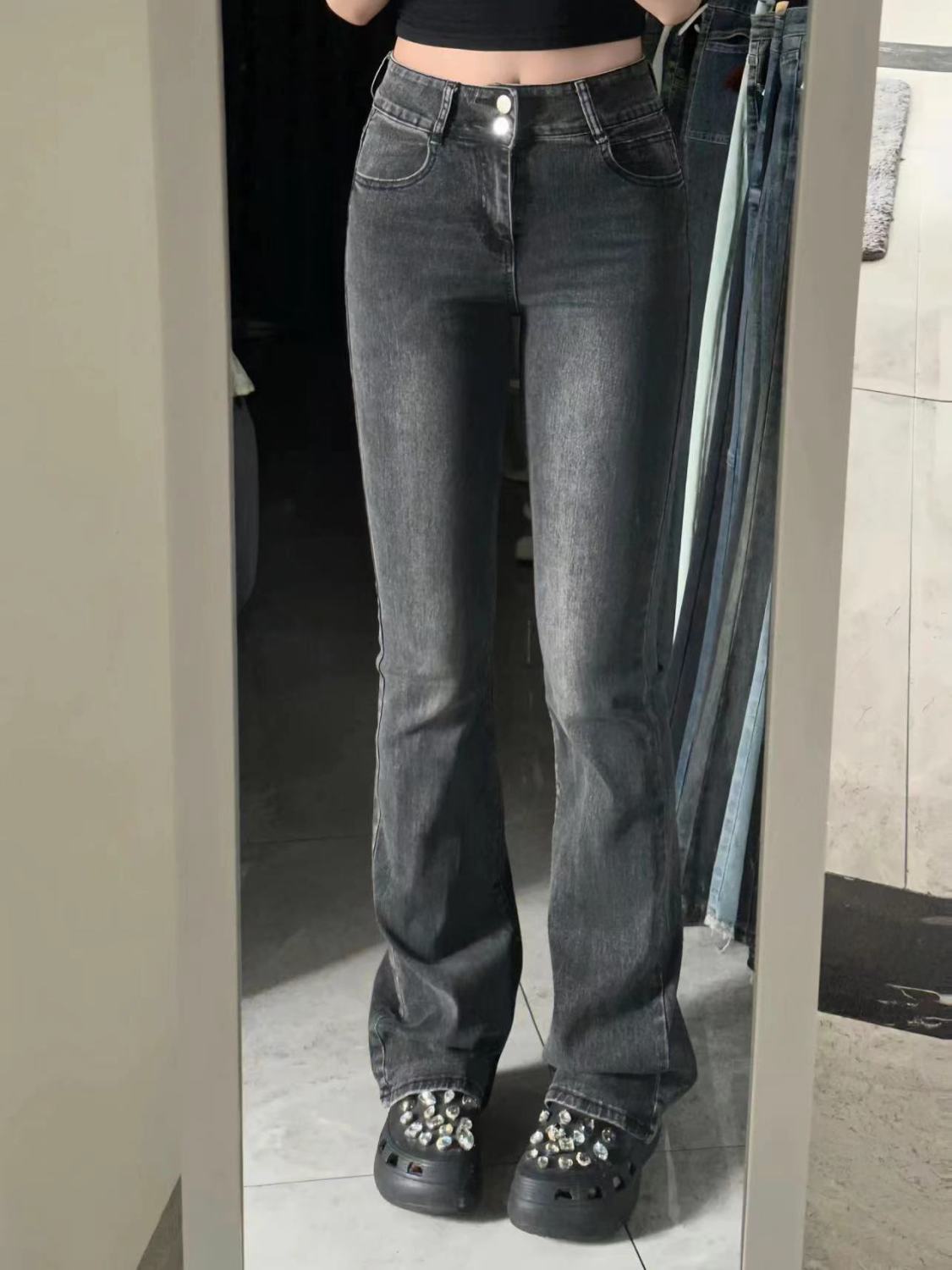 煙灰色微喇牛仔褲女秋季新款高腰顯瘦彈力辣妹喇叭拖地褲子ins潮