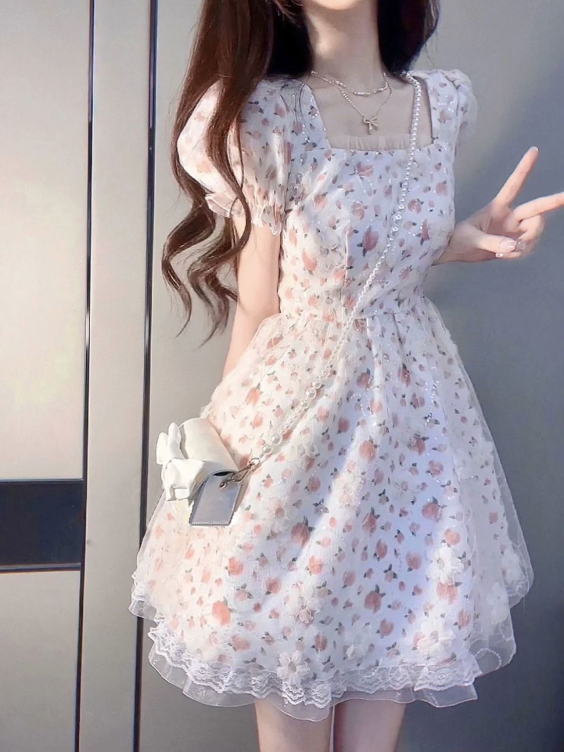 French Milk Sweet Floral Princess Skirt Neck Waist Chic and Beautiful First Love Gentle Wind Puff Sleeve Puffy Dress Summer