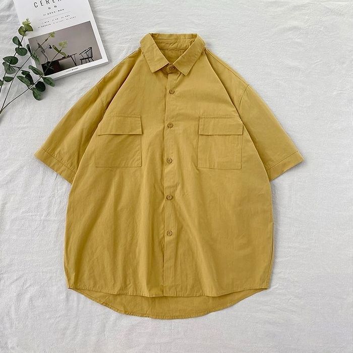 Summer solid color short-sleeved shirt men's loose Japanese workwear five-quarter sleeve top Hong Kong style all-match trendy half-sleeved shirt