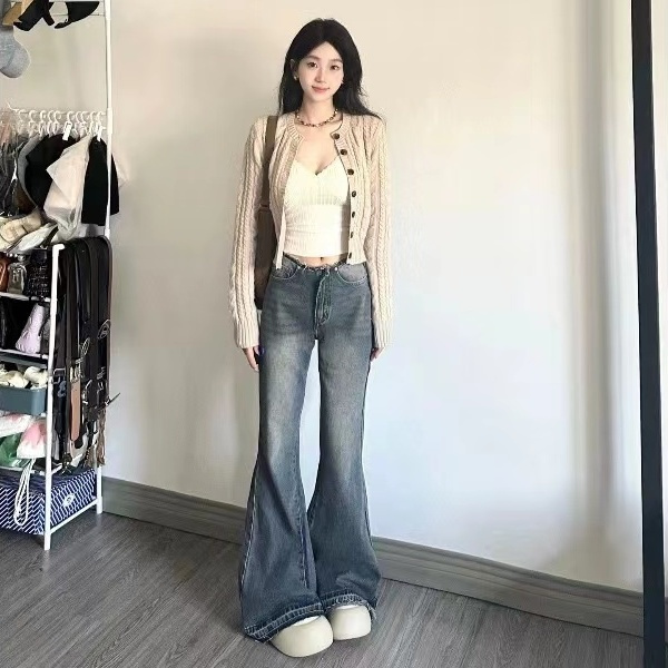 美式復古辣妹低腰闊腿牛仔褲女設計感做舊水洗寬鬆微喇顯瘦拖地褲