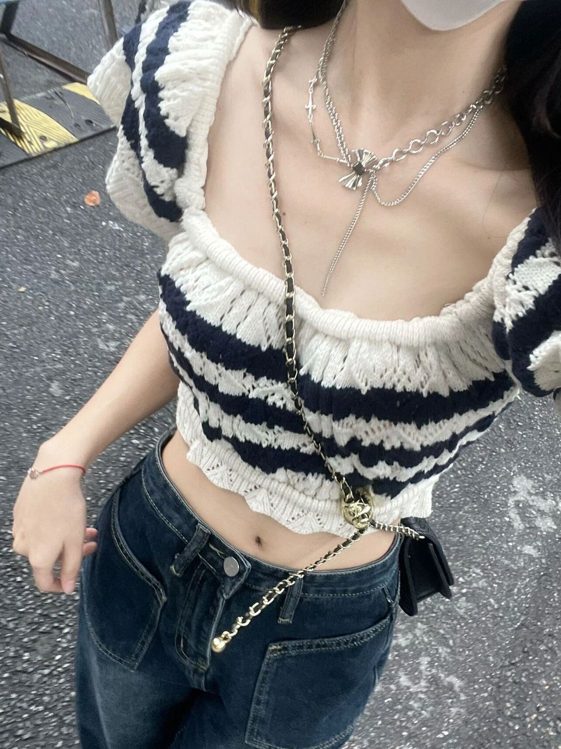 2022 new Korean style gentle wind design sense square collar navel short-sleeved top small flying sleeve striped knitted small shirt for women