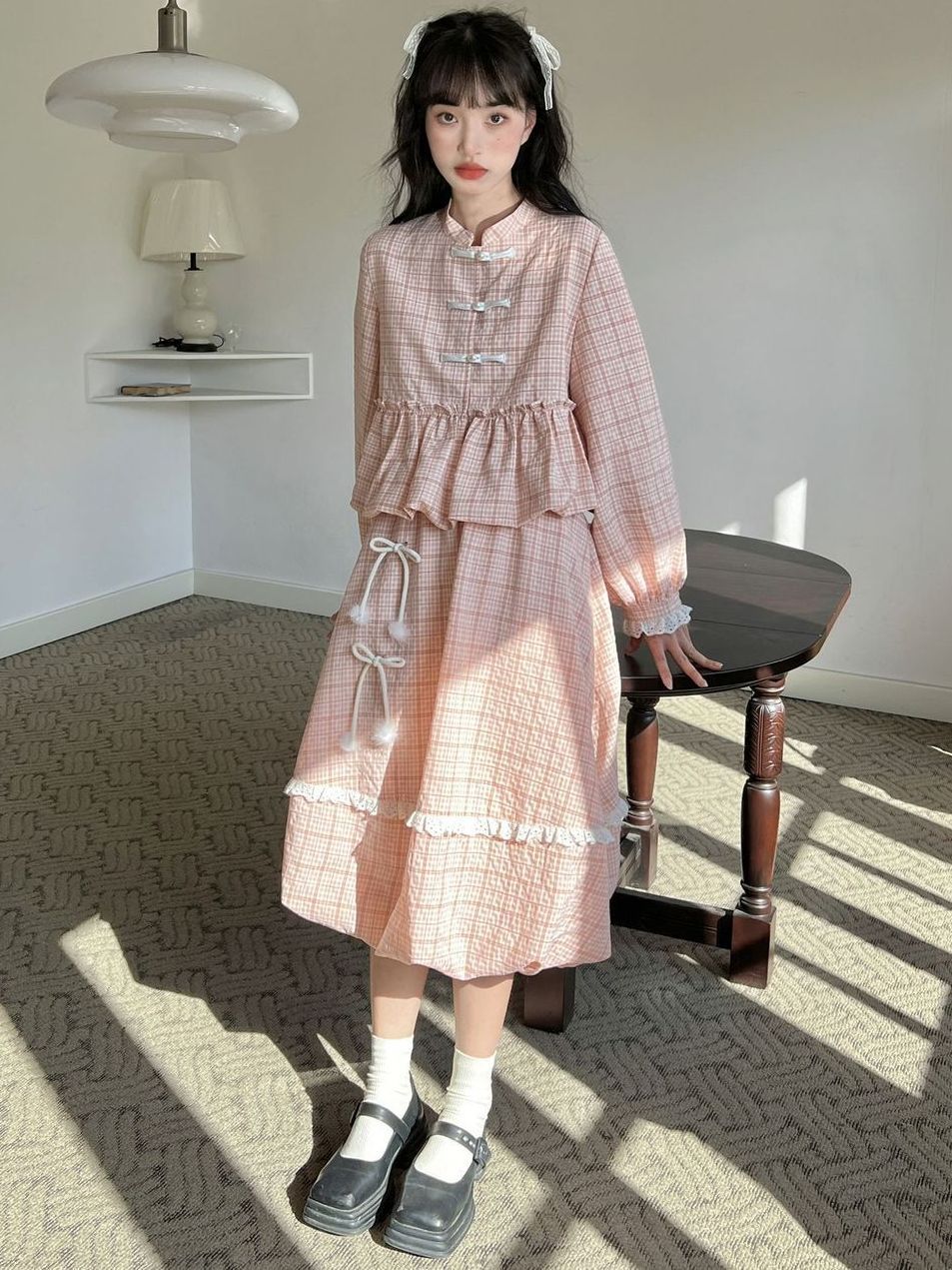 小富家千金新中式甜美奶乖粉色格子盤扣襯衫兩件套裝裙女半身裙子